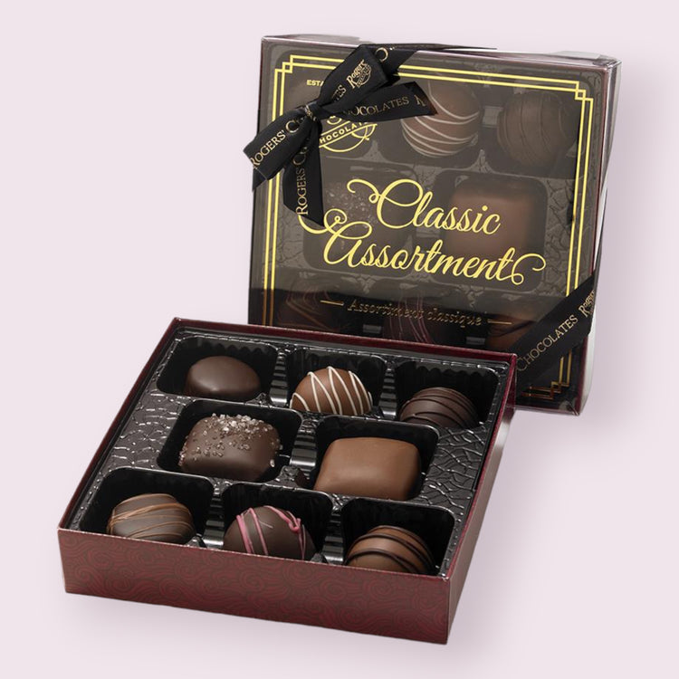 A box of assorted christmas chocolates from Rogers Chocolates.