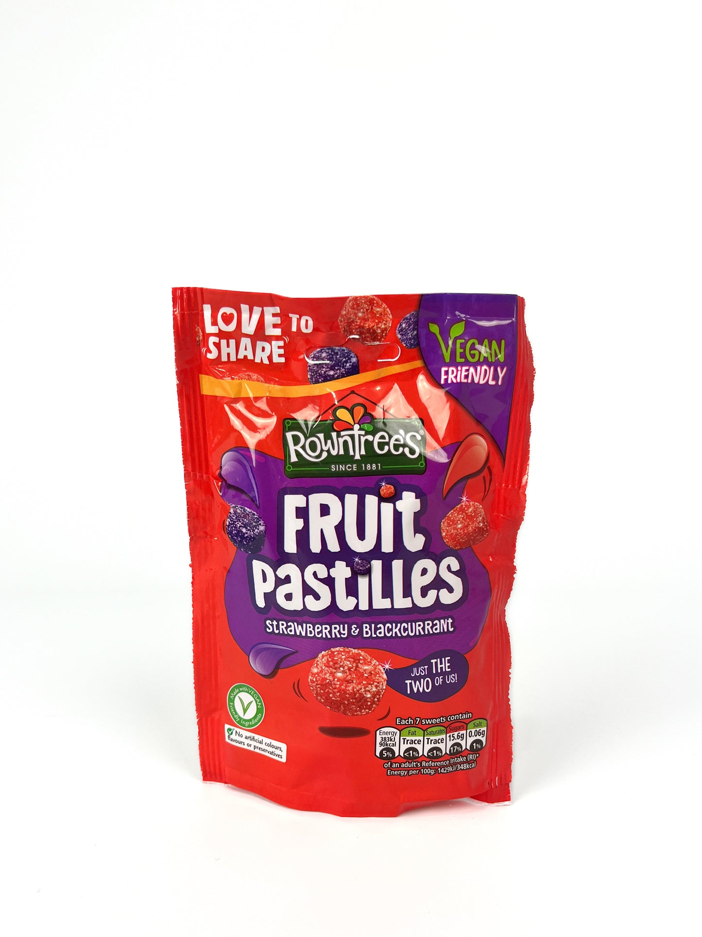 A package of Rowntree strawberry and blackcurrant flavoured fruit pastilles.